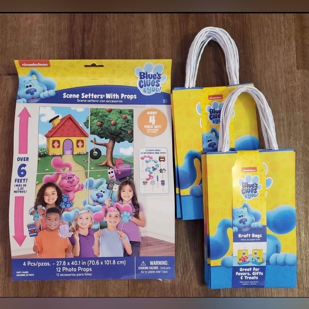 Blue's Clues party supplies.  Includes scene setter with props, and treat bags.